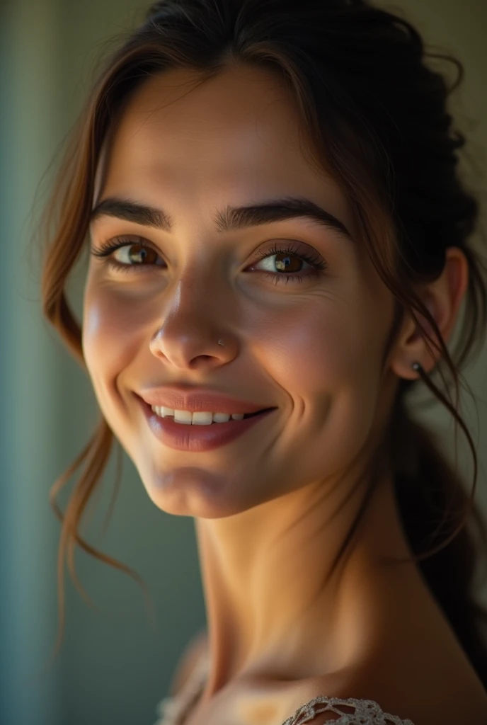 Breathtaking cinematic photo of 1 Greek-Lebanese slim, happy, cheerful expression, closed mouth, beautiful lips, intricate details, shallow depth of field, highly detailed, high budget, epic Hollywood film, gorgeous, masterpiece, award-winning, professional, highly detailed, detailed skin texture, front face