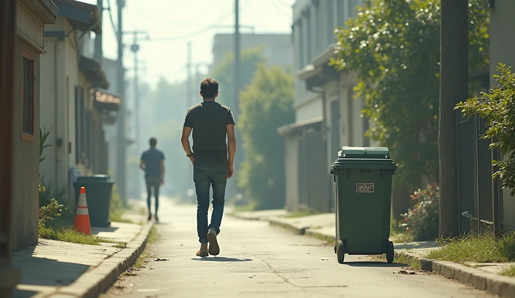A person is walking and suddenly notices that there is a trash can next to him.