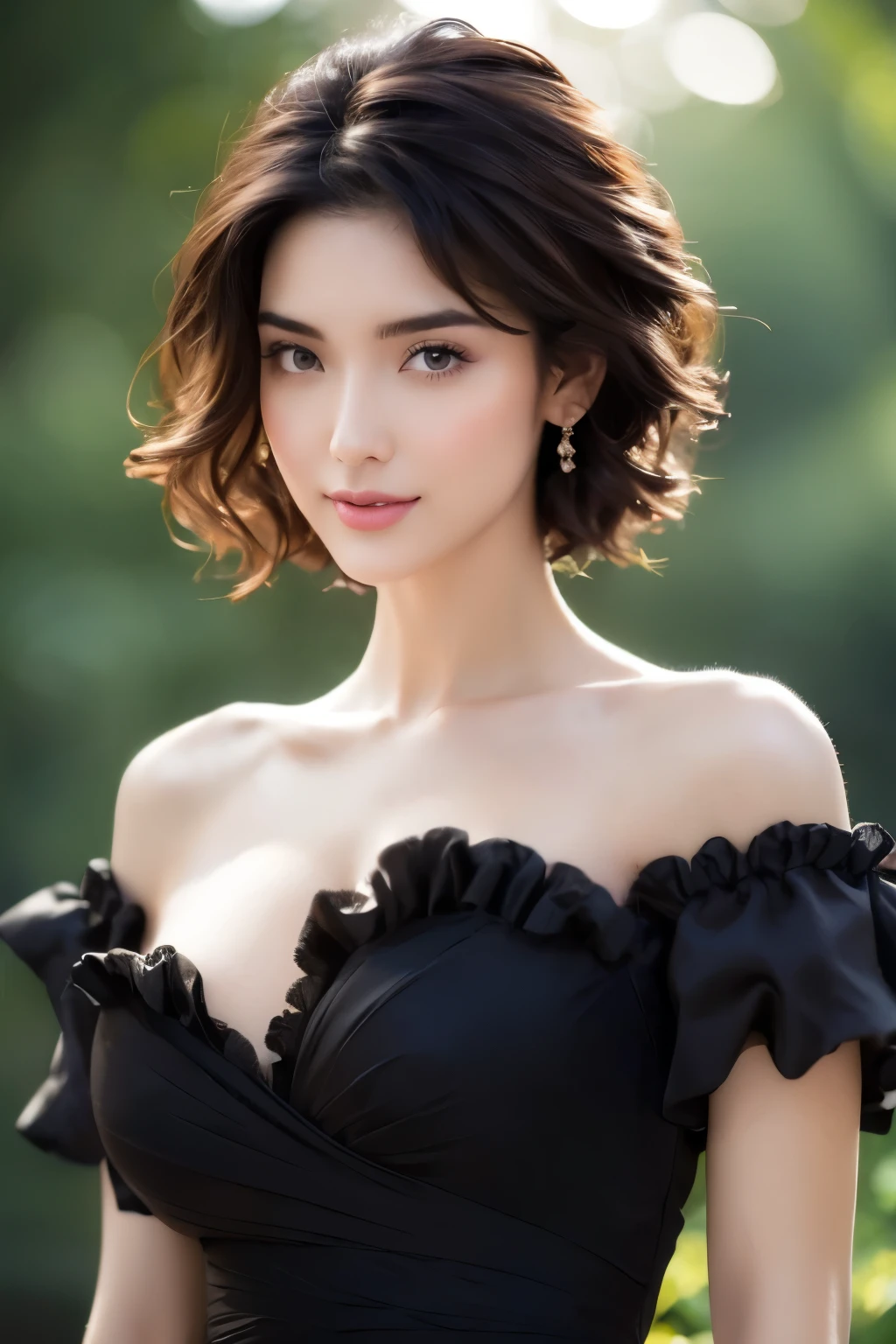 (highest resolution, distinct_image) Best quality, single person, one woman, solo, masterpiece, highly detailed, semi realistic, black short hair, black hair, bangs, 1, mature, victorian era girl, frills, elegant dress, slight cleavage, exquisite designer dress, gentle, authoritative, powerful, exquisite facial features, exquisite facial features, perfect body anatomy, slender but curve, cute and sexy, confident, elegant pose, 