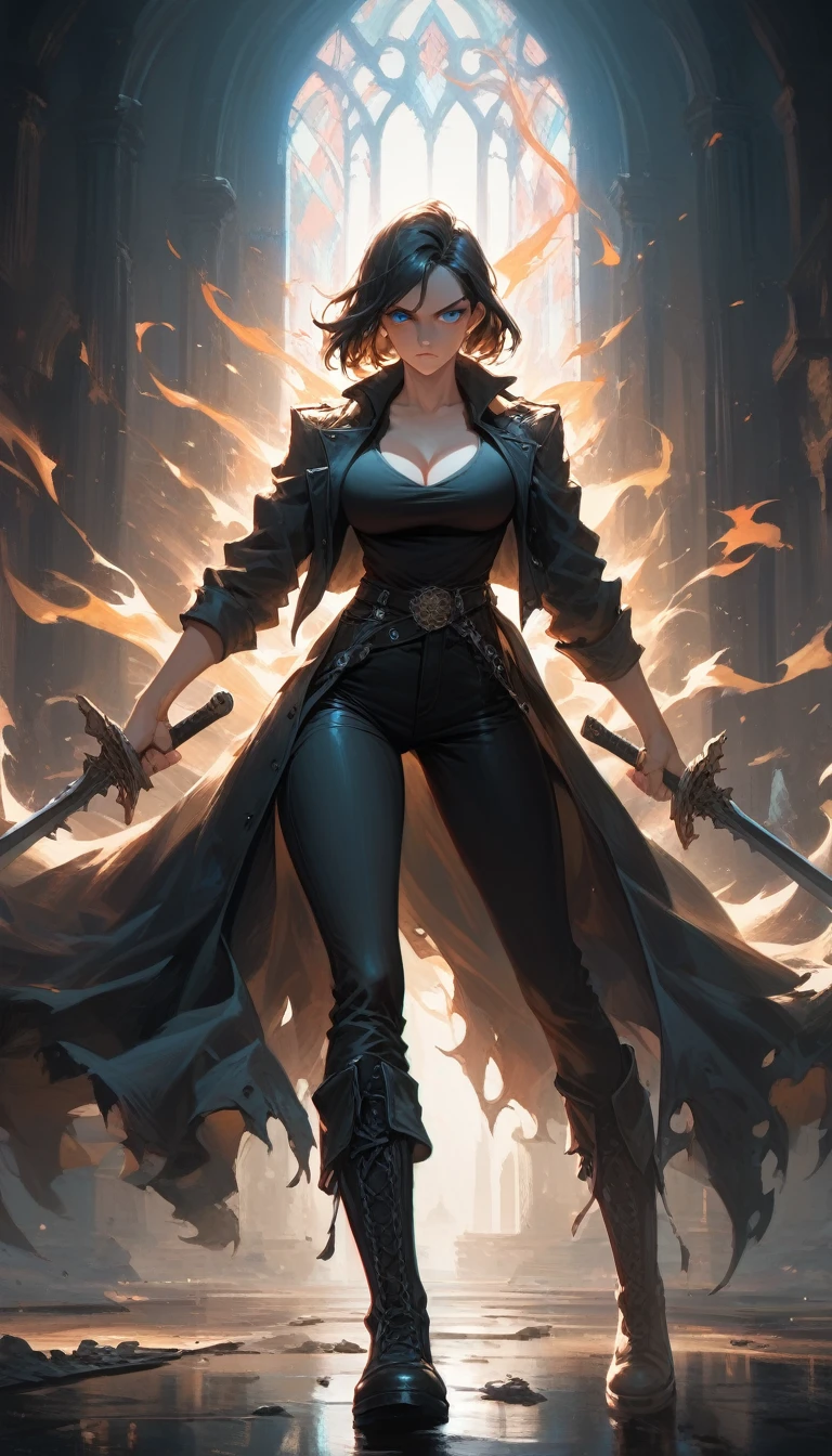 a woman wielding dual swords, fighting in a castle dungeon, powerful aura,flames, wearing a black shirt with cleavage, large breasts, black pants, black boots, and a black coat, with blue eyes,(best quality,4k,8k,highres,masterpiece:1.2),ultra-detailed,intricate details,highly detailed,digital painting,cinematic lighting,dramatic lighting,chiaroscuro lighting,dramatic shadows,fantasy,dark fantasy,cinematic composition