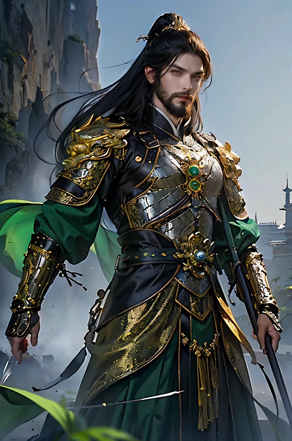 a man with short brown hair, light blue eyes, wearing Chinese gold and green armor over traditional clothing from the Tang dynasty, emerald and gold tones, bringing power and royalty to the image, he has a thin and imposing beard and has expressions of more advanced age, older man with beard (best quality, 4k, 8k, high resolution, art - prime: 1.2), ultra detailed, (realistic, photorealistic, photorealistic: 1.37), extremely detailed eyes and face, long eyelashes, armor details Intricate, traditional Chinese robes, flowing hair, emerald and silver color palette, powerful and serene expression, dramatic lighting, cinematic composition, award-winning digital art
