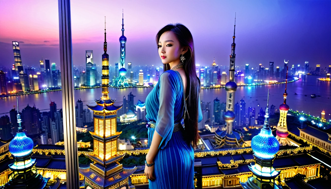 good anatomy, masterpiece, best quality, CLEAR AND SHARP IMAGE, 1 oriental girl, from the top of a building, BLUE glass, star room looking out of a glass window, looking at the city, she has a NECKLACE, 2, long hair, beautiful clothes, dark purple, side pose, full body, long hair, ''in the background'' CLEAR AND VISIBLE, tallest buildings in Shanghai, colorful, tall, imposing, realistic, ((evening))