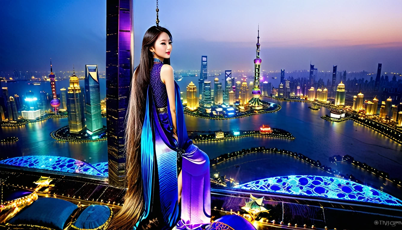 good anatomy, masterpiece, best quality, CLEAR AND SHARP IMAGE, 1 oriental girl, from the top of a building, BLUE glass, star room looking out of a glass window, looking at the city, she has a NECKLACE, 2, long hair, beautiful clothes, dark purple, side pose, full body, long hair, ''in the background'' CLEAR AND VISIBLE, tallest buildings in Shanghai, colorful, tall, imposing, realistic, ((evening))