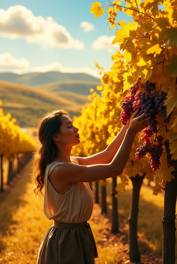 A golden vineyard and someone picking the fruit