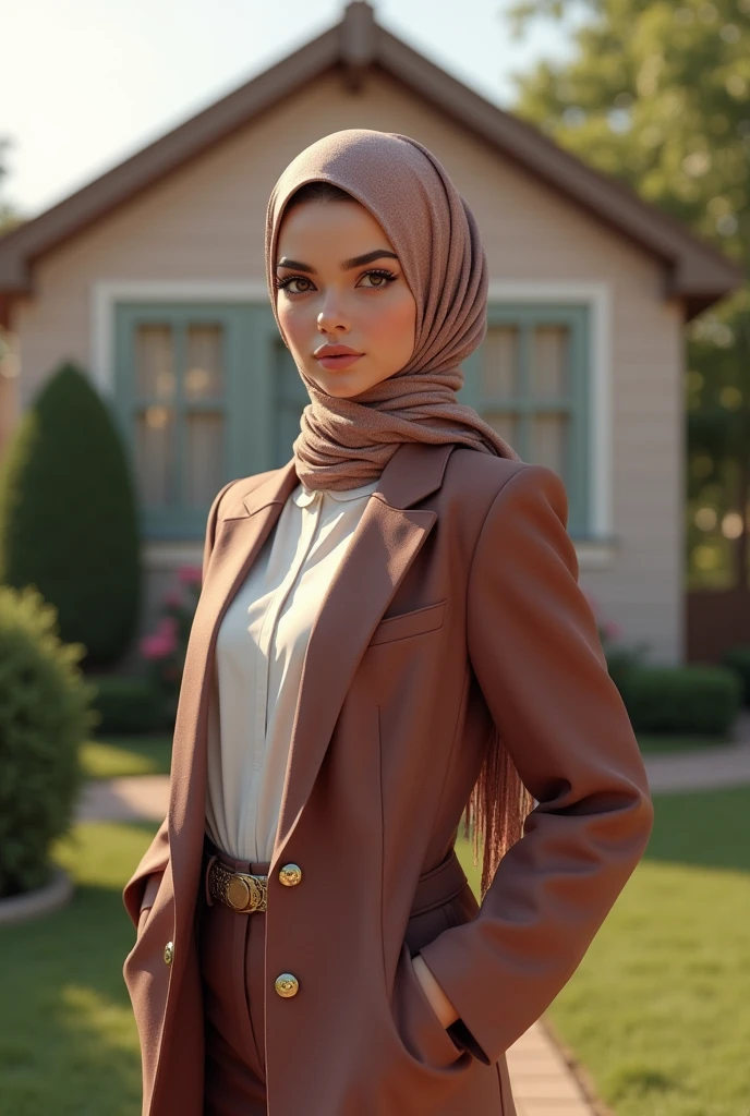 1 girl,beautiful detailed eyes,beautiful detailed lips,extremely detailed eyes and face,long eyelashes,beautiful hijab, standing in front of a house, full body shot, dynamic pose, stylish, photorealistic, (best quality,4k,8k,highres,masterpiece:1.2),ultra-detailed,(realistic,photorealistic,photo-realistic:1.37),HDR,UHD,studio lighting,ultra-fine painting,sharp focus,physically-based rendering,extreme detail description,professional,vivid colors,bokeh,instagram photo,net art
