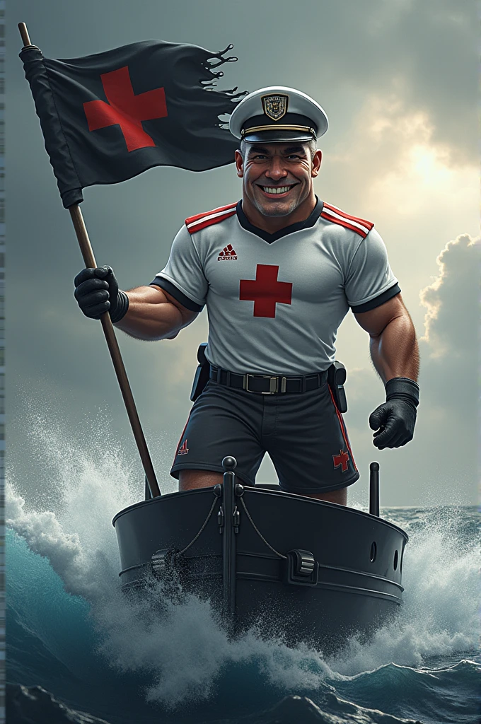 The mascot is an admiral with a classic and imposing appearance. He should be wearing a soccer uniform, a white shirt with a black crossband, a thick red Maltese cross on the chest, black shorts and socks, with a black admiral's hat with a thick red cross on the front. The admiral should be posing with a confident and friendly expression, holding a black flag with a white crossband in one hand, waving in the wind, on top of a black ship in a high sea with waves.