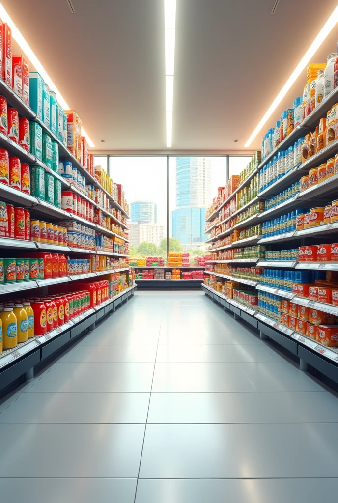 a 2D scene of a supermarket aisle without people