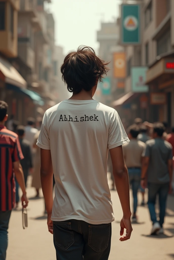 a 2 sad boy with brown mullet hairstyle, sad and depressed and walking, wearing white t-shirt and black jeans, Black strip, in background beautiful narrow street surrounded by people,watch, written 'abhishek' in backside of t-shirt,quality,4k,8k,highres,masterpiece:1.2),ultra-detailed,(realistic,photorealistic,photo-realistic:1.37),HDR,UHD,studio lighting,ultra-fine painting,sharp focus,physically-based rendering,extreme detail description,professional,vivid colors,bokeh