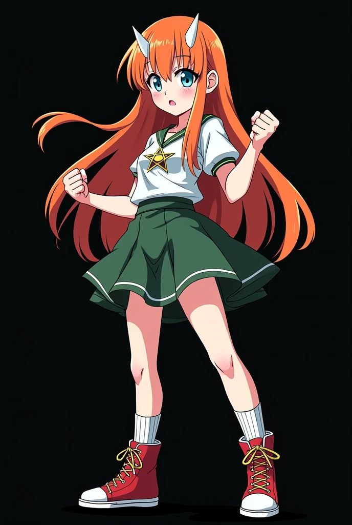 full image of an girl, personagem do anime "JUJUTSU KAİSEN", with medium length straight fire-colored hair with two white highlights in the front, framing your face, blue-green eyes and pale skin. she is a Wiccan, she is in fighting pose. she wears a pentagram necklace, tight skirt, beautiful women's high-top shoes and ¾-long socks. with animation by Gege Akutami, anime creator. black backdrop.