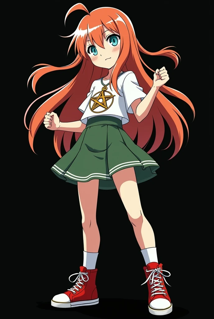 full image of an  girl, personagem do anime "JUJUTSU KAİSEN", with medium length straight fire-colored hair with two white highlights in the front, framing your face, blue-green eyes and pale skin. she is a Wiccan, she is in fighting pose. she wears a pentagram necklace, tight skirt, beautiful women&#39;s high-top shoes and ¾-long socks. with animation by Gege Akutami, anime creator. black backdrop.