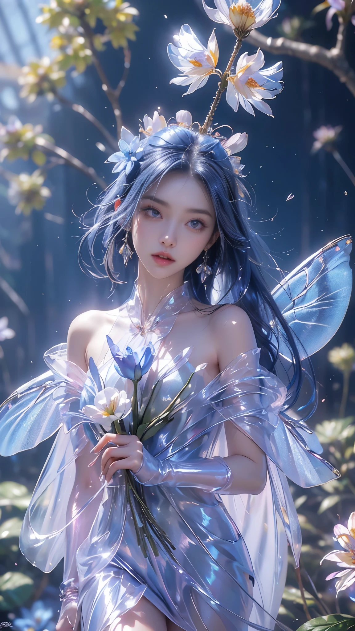 8k, masterpiece, 1 girl, beautiful face, very long hair, light makeup, (glossy skin:1.5), detailed eyes, detailed lips, small bust, short clothing, dragonfly, ((blue dragonfly clothing)), ((flowing cape)), light clothing, (flower falling:1.5), god rays, depth of field, ray tracing,