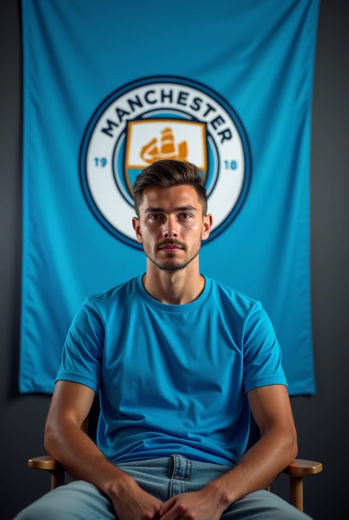 The young man wearing a blue t shirt sitting on a chair  looking straight to the camera with cinematic YouTube studio with real Manchester city
football flag, 