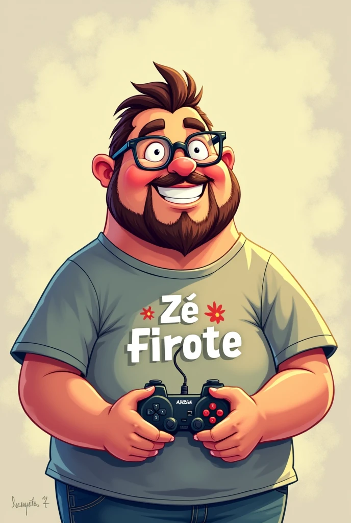 I want a cartoon drawing of a chubby man with small beard with glasses with a video game controller in his hand and wearing a t-shirt with Zé Firote written on it.