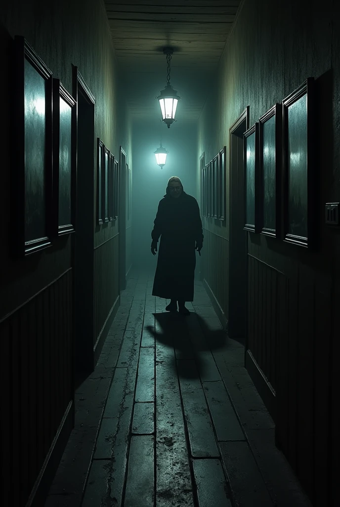 "Exploring the hallway and finding the old assassin"
"with the flashlight shaking slightly in his hand, she gets out of bed, your feet touching the cold wooden floor. With every step, the floor creaks under your weight, but she moves towards the half-open door. Opening it carefully, the light of the lantern reveals a long dark corridor, its walls covered with old, faded portraits, as if every face was watching your movements.

By proceeding with caution, the silence is interrupted by a distant sound of shuffling footsteps. She quickly turns off the flashlight, your heart racing. Across the hall, emerging from a side door, a hunched figure appears—a frightening-looking old woman. Her long, dirty dress brushes the floor as she walks., holding something shiny and sharp in one hand, a big knife. The old woman&#39;s face is wrinkled and stern, his small, cold eyes scan the hallway as if he were looking for something... or someone.

The character holds his breath, leaning against the wall silently. The old woman walks slowly down the corridor, dragging the knife on the wooden floor, but you don&#39;t see it. The sound of the assassin&#39;s footsteps fades as she moves away., disappearing at the end of the corridor. A sigh of relief almost escapes his lips, but she keeps silent, knowing that the danger is still present. She now needs to decide her next moves., aware that she is being hunted."

This excerpt adds suspense to the scene., highlighting the tension between the character and the threat of the old assassin, creating an atmosphere of fear and survival.