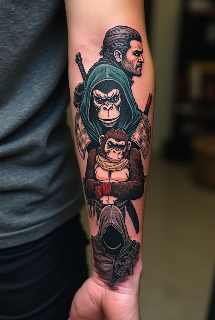 I want to get a tattoo with game characters: Skyrim, donkey kong, assassins creed e battlefield 4. It has to be vertical and 15cm on the forearm. But without mixing the themes