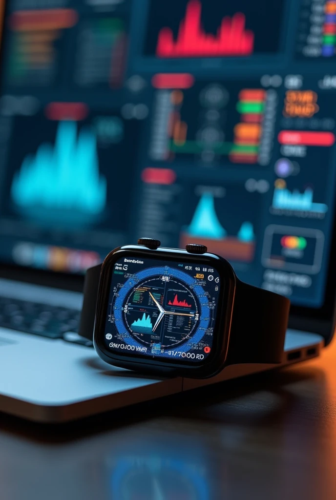 A SMART WATCH THAT SHOWS THAT THE WATCH IS SCANNING THE LAPTOP FROM TOP TO BOTTOM TO FIND FAULTS OR DAMAGE
