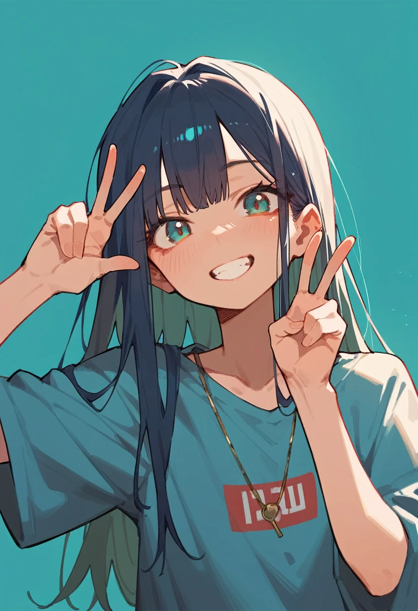 (score_9, score_8_up, score_7_up),solo,1girl,long hair,one hand, V Sign,((face focus)),sideways