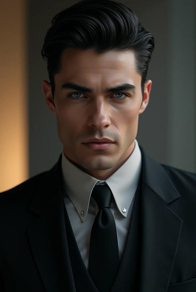 Handsome tall young man with white skin, black hair with bun, blue eyes, muscular body, sensual, sexy businessman
