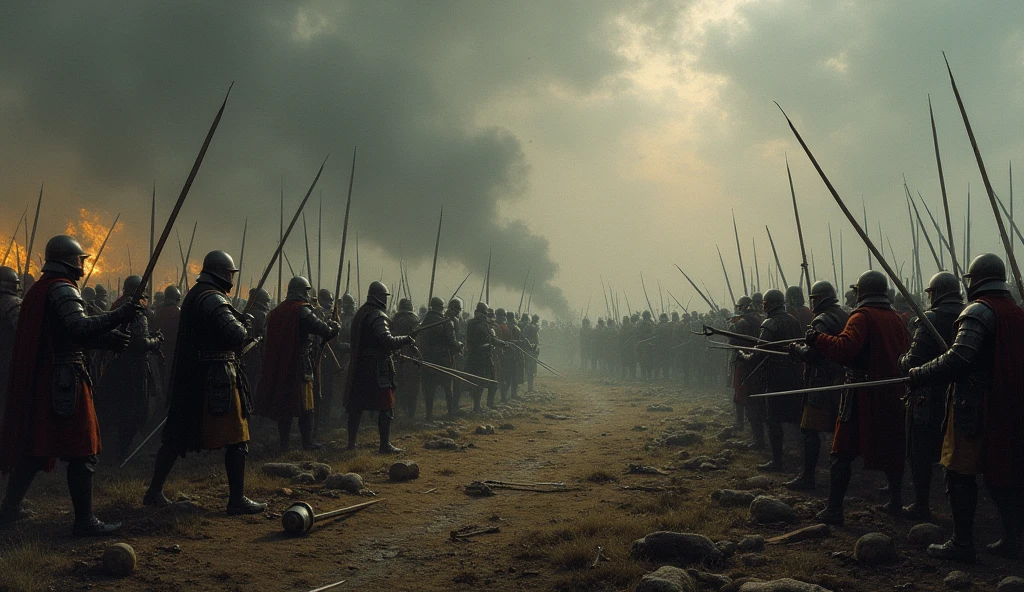 A dramatic illustration capturing the early skirmishes of the Hundred Years' War, set in a somber, misty battlefield. Small groups of English and French soldiers clash amidst a gloomy, war-torn landscape. The scene is filled with tense, chaotic energy: the English knights in their dark, heavy armor, brandishing swords and spears, while the French soldiers, in contrasting garb, engage in desperate combat. The sky is overcast, casting an eerie light over the scene, with the ground littered with broken weapons and fallen soldiers. Dimly lit by the flickering torches, the atmosphere evokes the uncertainty and brutality of these initial conflicts. The detailed, evocative style of Edmund Blair Leighton emphasizes the dramatic, early stages of this prolonged war., Surrealism, Hyperrealism, UHD, retina, masterpiece, accurate, anatomically correct, textured skin, super detail, best quality, 16k