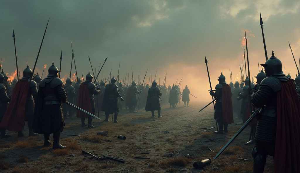A dramatic illustration capturing the early skirmishes of the Hundred Years' War, set in a somber, misty battlefield. Small groups of English and French soldiers clash amidst a gloomy, war-torn landscape. The scene is filled with tense, chaotic energy: the English knights in their dark, heavy armor, brandishing swords and spears, while the French soldiers, in contrasting garb, engage in desperate combat. The sky is overcast, casting an eerie light over the scene, with the ground littered with broken weapons and fallen soldiers. Dimly lit by the flickering torches, the atmosphere evokes the uncertainty and brutality of these initial conflicts. The detailed, evocative style of Edmund Blair Leighton emphasizes the dramatic, early stages of this prolonged war., Surrealism, Hyperrealism, UHD, retina, masterpiece, accurate, anatomically correct, textured skin, super detail, best quality, 16k