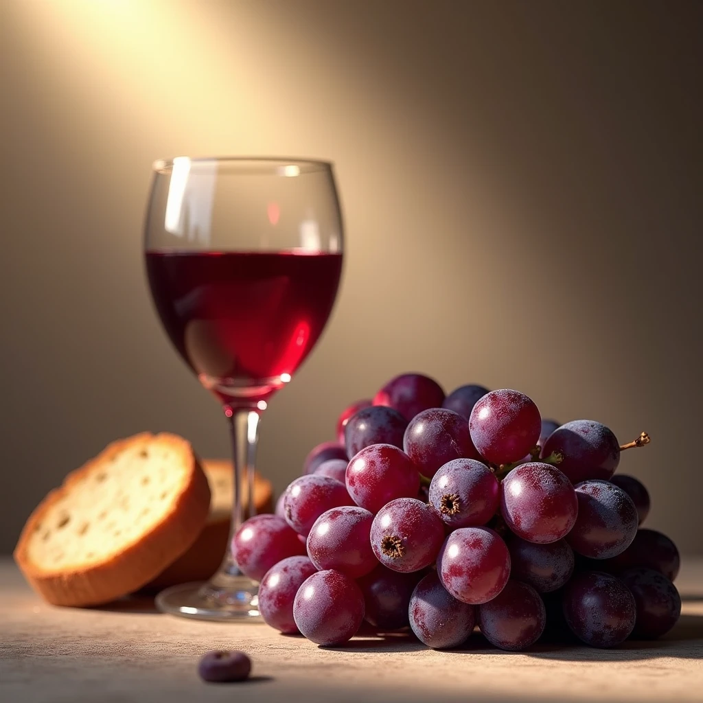 realistic image of purple grapes next to a chalice of red wine, the glass is almost overflowing and next to it is an unleavened bread on a table, light background, warm tones surround the scene, a warm ray of the sun is what illuminates the elements