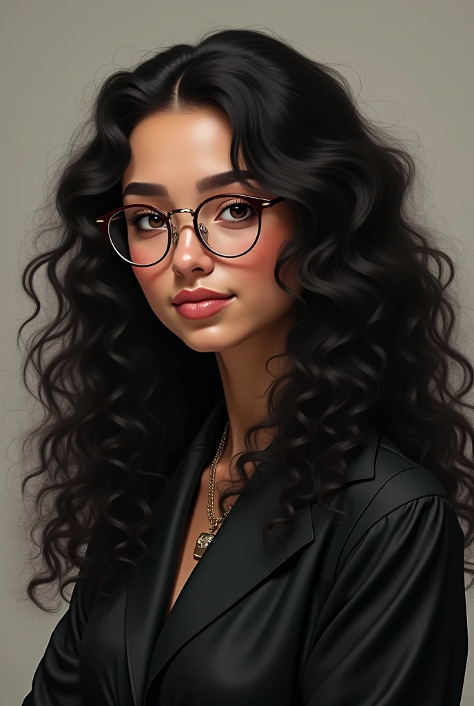 Draw a picture of a person with hair down to their breasts, com curvatura 3A 3B, Caucasian skin, eyes browns, slightly thick eyebrow, half round eyes, small mouth with larger lower lips, medium nose, with dark academic outfit mbti Infj style with thin round glasses transparent, not nerdy. Darker eyes, most realistic, curly hair 3B 3C, Caucasian skin. Curlier hair and visible cheeks
