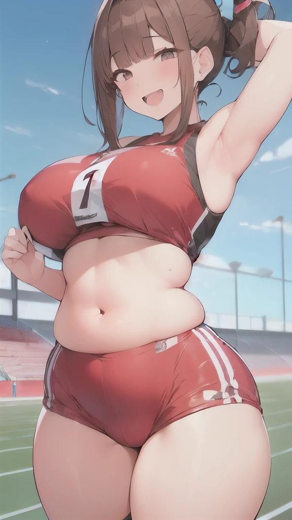 ((Voluptuous figure)),Chubby body type,Big Breasts,Brown Hair,blunt bangs,Top knot,hair accessory,((happiness)),track and field uniform,Belly button