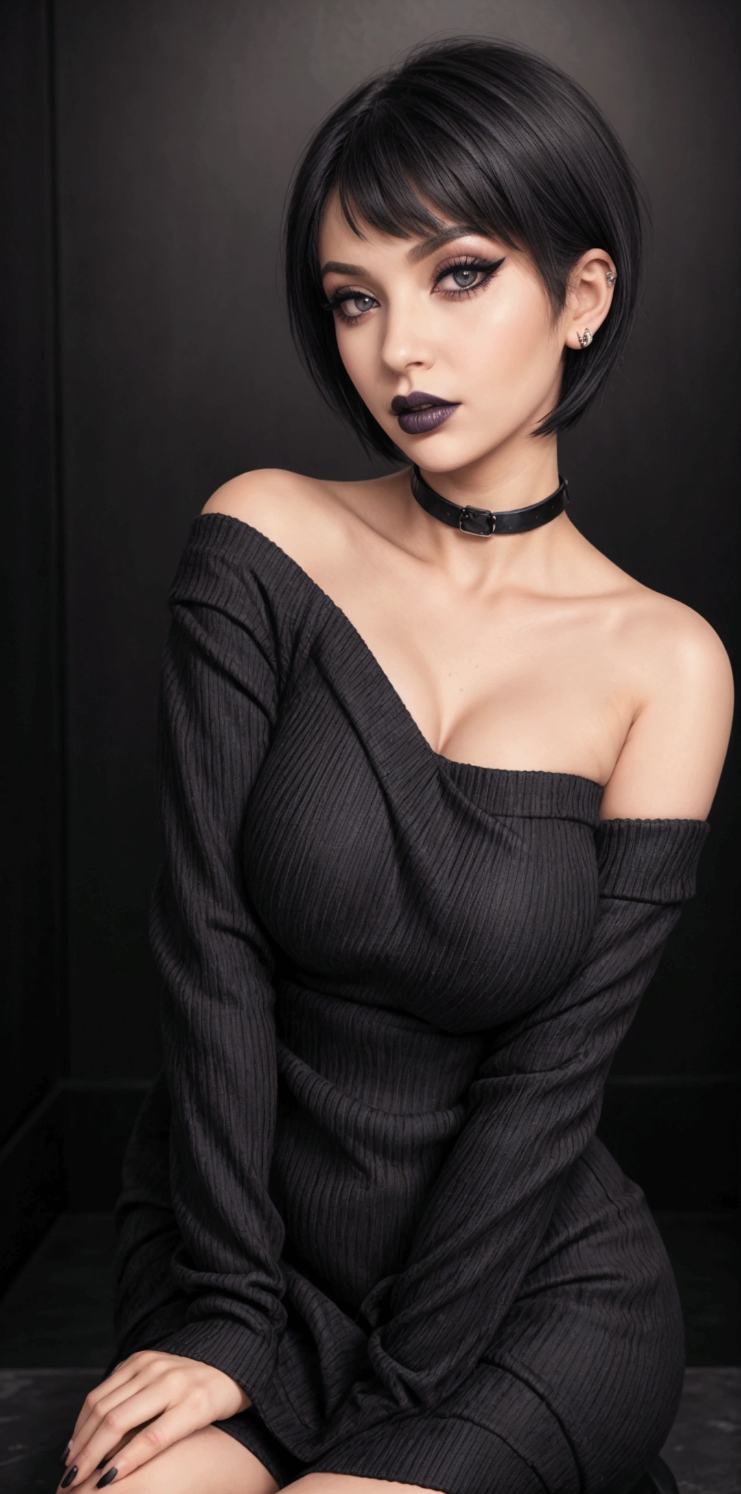 girl, woman, emo_hairstyle, black lipstick, collar, Eyeliner, eyeshadow, smoky eyes, realistic lighting, short hair, split, sweater dress, from the shoulder, hips, Strapless, Shiny skin, all fours, arched back, big breasts.