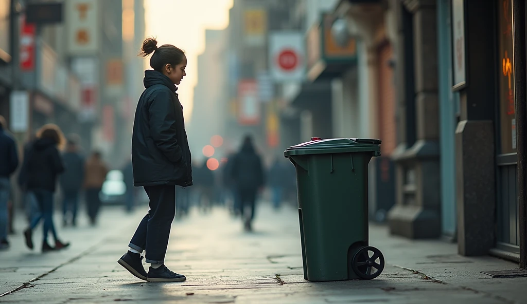 A person is walking , He notices and gets scared that suddenly he has a trash can next to him