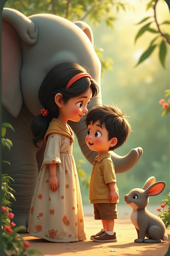 A liitle boy and his mother talking. There ian elephant and a rabbit near them.