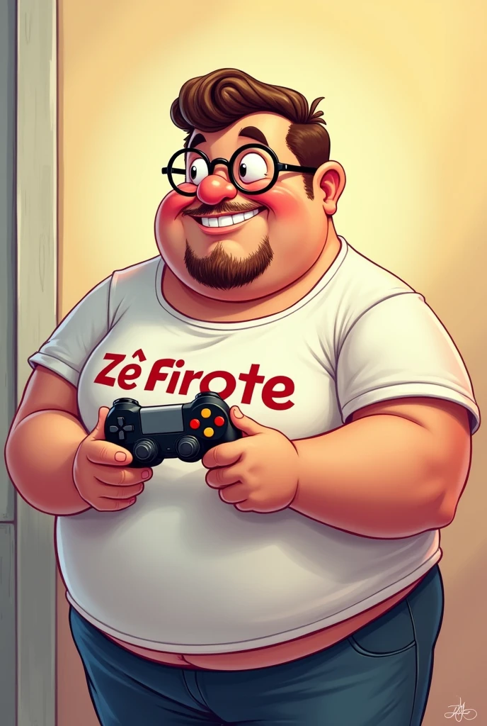 I want a cartoon drawing of a chubby man with small beard with glasses with a video game controller in his hand and wearing a t-shirt with Zé Firote written on it.
