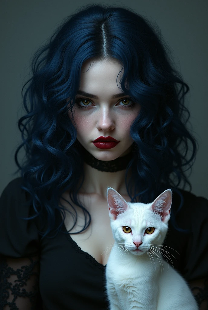 A dark blue curly haired woman with dark brown eyes gothic makeup and her white cat by her side and black dress