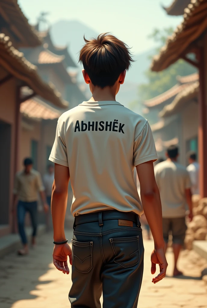 a 2 sad boy with brown mullet hairstyle, sad and depressed and walking, wearing white t-shirt and black jeans, Black strip, in background beautiful village street surrounded by people,watch, written 'abhishek' in backside of t-shirt,quality,4k,8k,highres,masterpiece:1.2),ultra-detailed,(realistic,photorealistic,photo-realistic:1.37),HDR,UHD,studio lighting,ultra-fine painting,sharp focus,physically-based rendering,extreme detail description,professional,vivid colors,bokeh