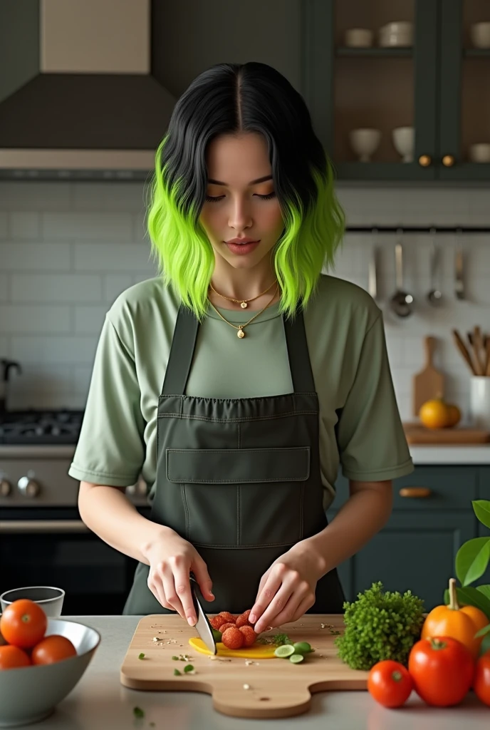 Singer Billie Eilish making a meal
