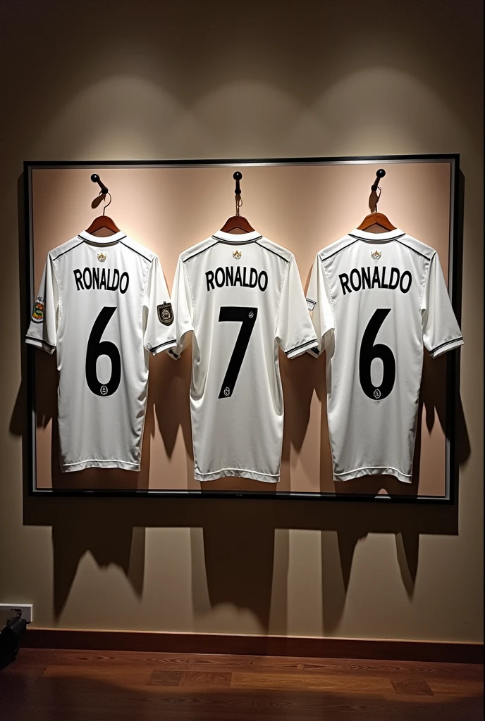A room wall where there is 3 jersey displayed of Ronaldo and Real Madrid jersey in the wall