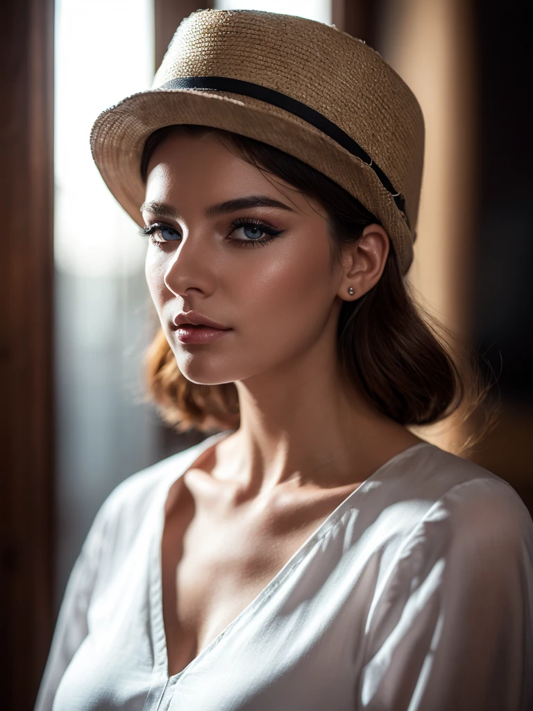 woman in hat and shirt posing for photograph, wearing hat, in hat, fashionable portrait, nun model, portrait of model, fashionable portrait photo, beautiful detailed eyes, beautiful detailed lips, extremely detailed eyes and face, long eyelashes, photorealistic, oil painting, chiaroscuro lighting, dramatic lighting, cinematic, elegant, graceful, serene expression, minimalist background, high contrast, vibrant colors, ethereal, dreamlike, fantasy, digital art, concept art, elegant, glamorous