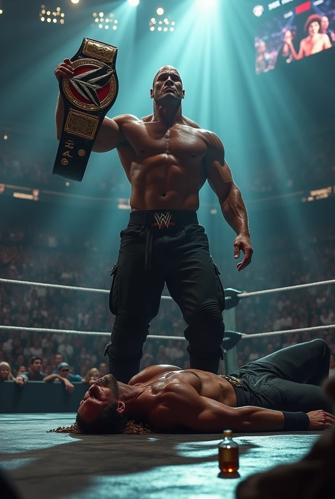 Create an image with this description a scene that could be a graphic representation or a description of a moment in a wrestling event, specifically in the PPV (Pay Per View) ALL IN.

In the scene, the rock, playing his character of "final boss" (final boss), stands with the red WWE Universal Championship held high, symbolizing his victory.

on the floor, Jon Moxley is found, defeated.

in a corner, There is a little girl crying next to Moxley, There is a bottle of alcohol, which could indicate that Moxley&#39;s character is going through a difficult time or that he is being portrayed as someone who drinks to forget his problems..

La escena describe un momento dramático y emocional en el que the rock celebra su victoria, while Moxley and the  experience defeat and sadness.