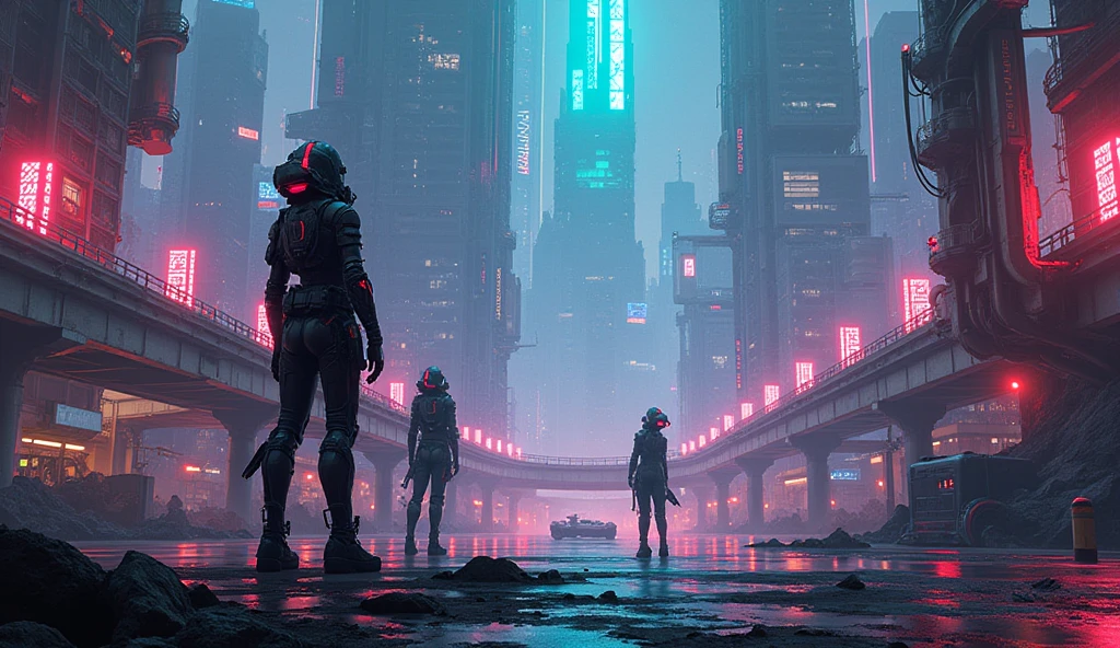 Concept art with a cybernetic style, using neon and light effects.