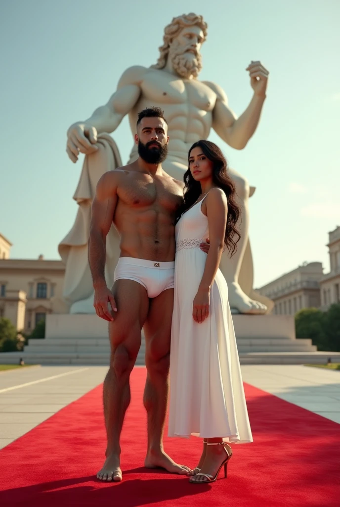 There is a young, strong, hairy, bearded Iranian man on a red carpet in white underwear with an Islamic cap on his head doing the Arnold pose next to a beautiful woman in a white midi dress in front of the strong statue of Zeus..