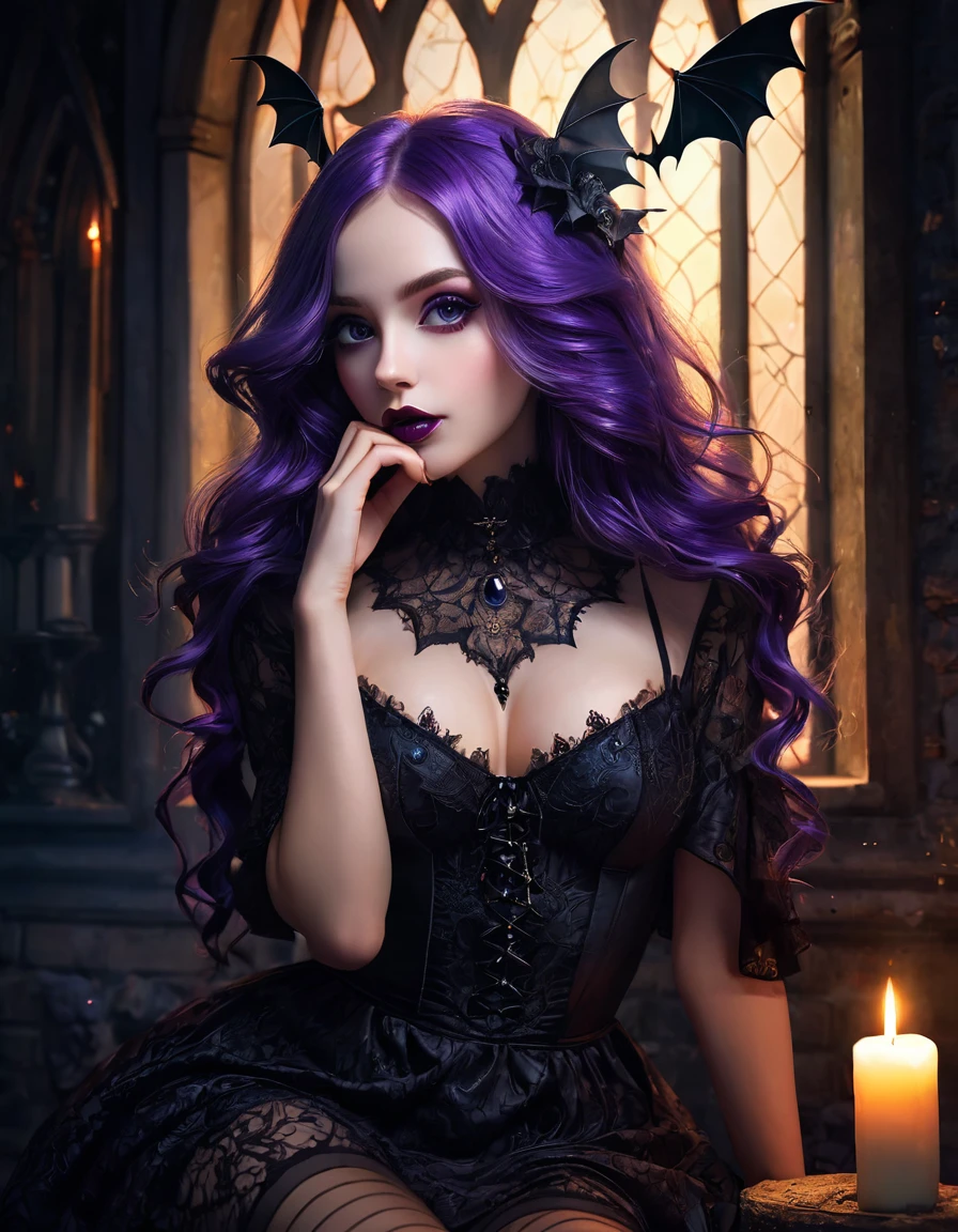 sexy girl, long purple hair, very sexy gothic dress, stockings, medium breasts, bats, candles, night, large window, magic, fantasy,(best quality, 4k, 8k, high resolution, masterpiece: 1.2), ultra-detailed, (realistic, photorealistic, photorealistic: 1.37), details intricate, vivid colors, sharp focus, professional, surrealism oil touch, portrait, woman, beautiful detailed eyes, beautiful detailed lips, dreamy atmosphere, shadow play, lighting soft, fun pose, dark tones, ethereal background, fantasy elements, texture, layered composition