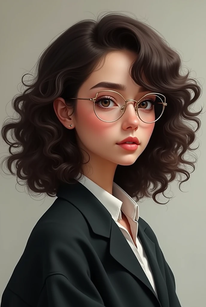 Draw a picture of a person with hair down to their breasts, com curvatura 3A 3B, Caucasian skin, eyes browns, slightly thick eyebrow, half round eyes, small mouth with larger lower lips, medium nose, with dark academic outfit mbti Infj style with thin round glasses transparent, not nerdy. Darker eyes, most realistic, curly hair 3B 3C, Caucasian skin. Curlier hair and visible cheeks, Curlier hair