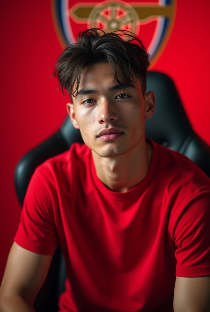 The young man wearing a red t shirt sitting on a chair  looking straight to the camera with cinematic YouTube studio with real Arsenal 
football flag, 