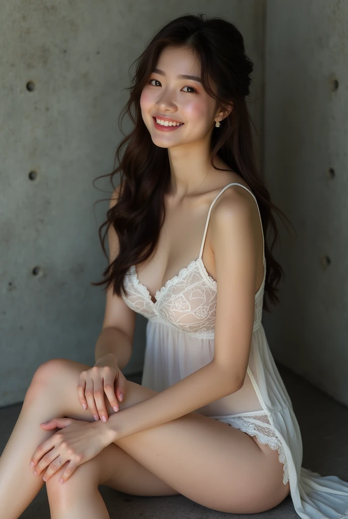 (Highest quality:1.4),(masterpiece:1.4),(Realistic:1.4),(Realistic:1.2),(超High resolution, RAWphotograph:1.4),(High resolution, Very detailed:1.2),(8k:1.2),photograph,(Shot in the back:1.3)、Korean women、茶色の髪のphotograph,One Woman,alone,(In underwear),Very large breasts,((Thigh to head shot:1.3))、(((topless、横から大きなI can see your chest.)))、((Smiling with teeth showing))、((Very large breasts:1.4))、Realistic skin textures、a little freckles、Slim figure、Realistic skin textures、((background,Concrete wall:1.3)),(topless,横からI can see your chest:1.6),(long lace slip,white)、3 Women、The angle at which the nipple is not visible、((Updo long hairstyle))、((white,long lace slip:1.4))、Correct toes、Detailed facial features、Sexy sitting on the floor、(The long slip covers the soles of the feet:1.3),I can see your butt、I can see your chest、スリップの横からI can see your chest