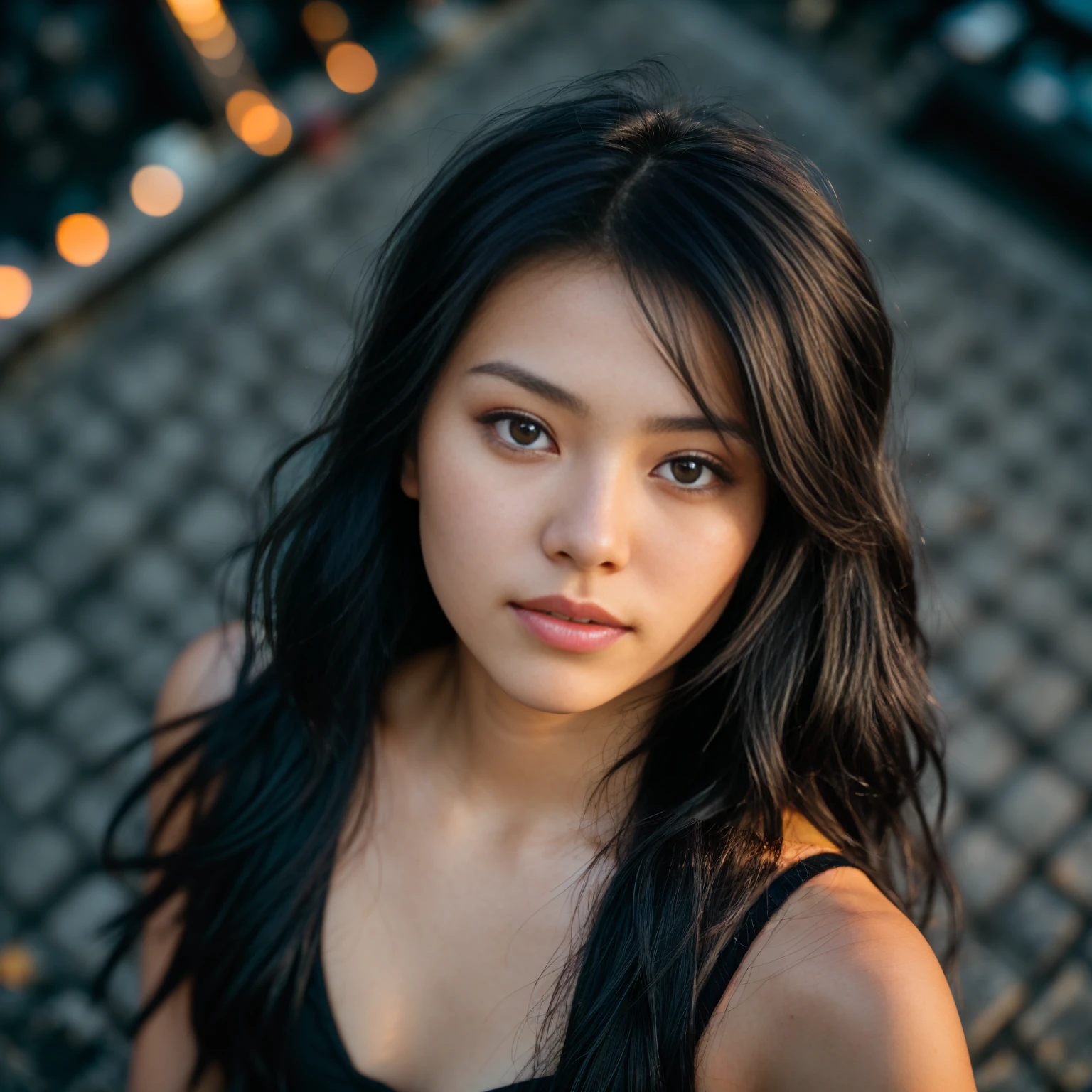 arafed woman with black hair sitting on the beach, flowing black hair, with black hair, photo of a beautiful woman, long flowing black hair, black golden hour, curly black hair, beautiful young asian woman, beautiful asian woman, wild ginger hair, pink wispy hair, light pink hair, a young asian woman, an asian woman, infp young woman, (taking selfies, overhead view: 1.4), (straight half of the torso: 1.4), Portrait photo of a 2 french girl in RAW UHD format (Black-eyed woman) Walk down the dark alley, night city, Details (textures! , Hair! , glistering, Color!! , imperfections: 1.1), highly detailed glossy eyes (looking at the camera), DSLR Lighting, SLR camera, Ultra-Quality, sharpness, Depth of field, Film grain (Downtown), Fujifilm XT3, Crystal clear, Frame Center, beatiful face, sharp-focus, neon lighting, bokeh (dimly lit), night time, (night sky), detailed skin pores, oilly skin, suntan, Complex eye details,