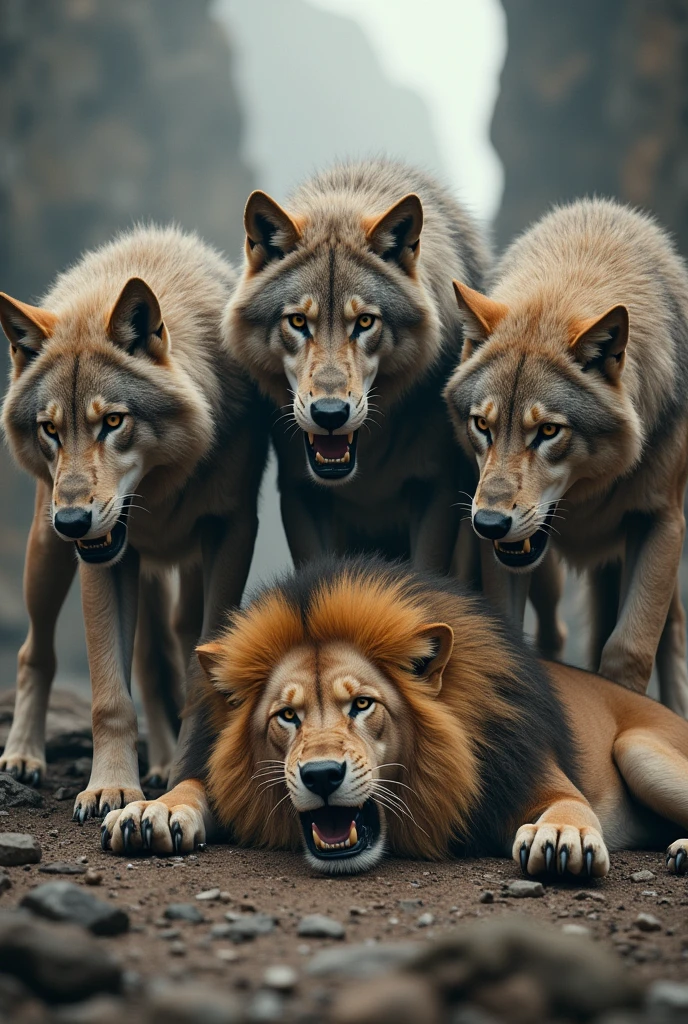 Strong and very brave wolves over a defeated lion, finish