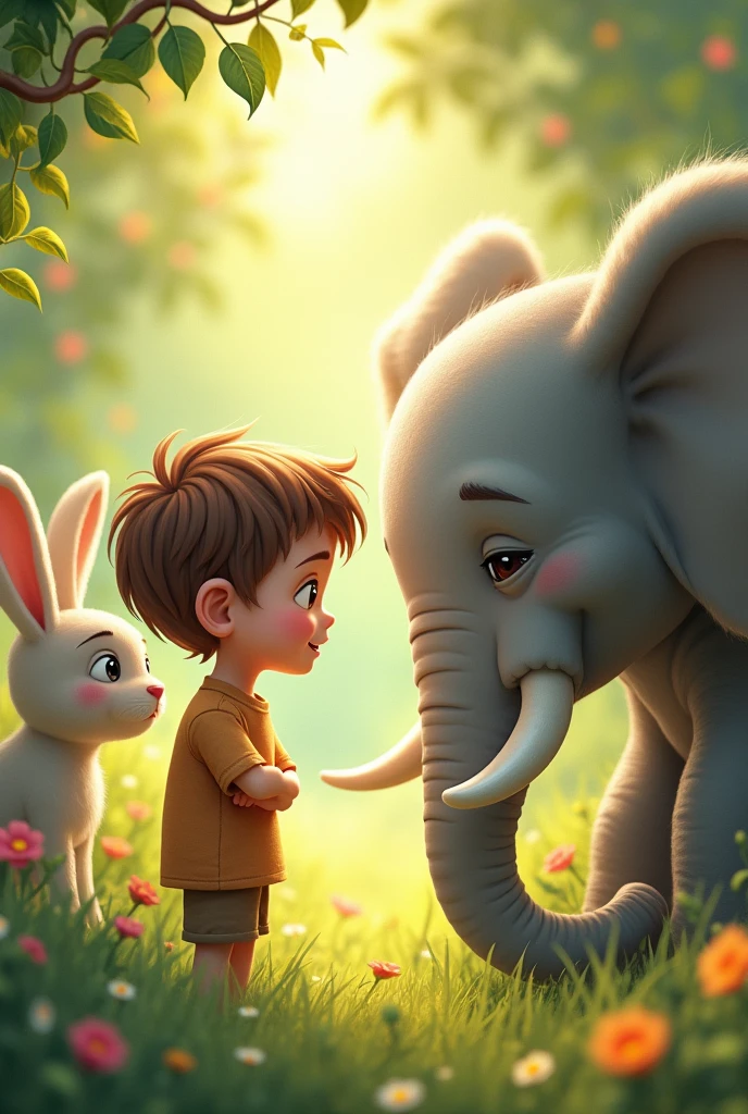 A liitle boy and his mother talking. There is an elephant and a rabbit near them.