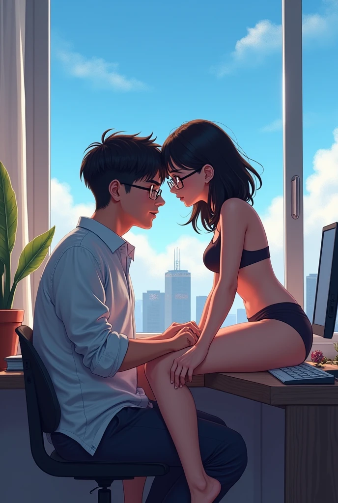 A young couple, on a penthouse room with a big window with blue sky, the girl is sitting on the boy's legs on her underwear while he is working on his desk with a computer. the boy with dark short hair and glasses, the girl with dark medium hair with glasses.