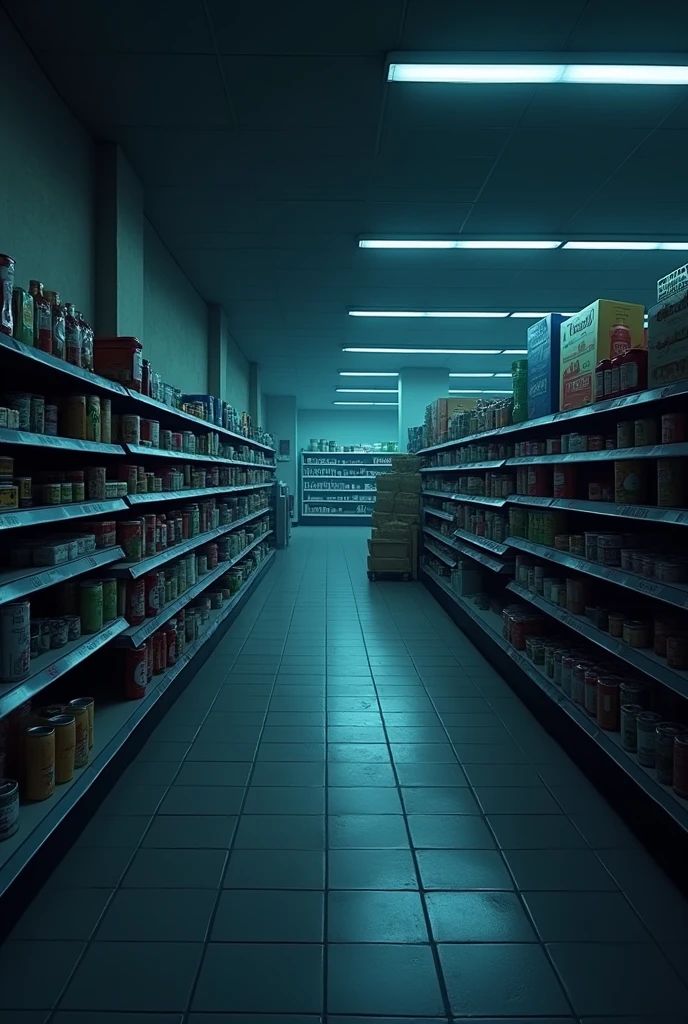 a 2D scene of a supermarket aisle towards the shelves at night without people