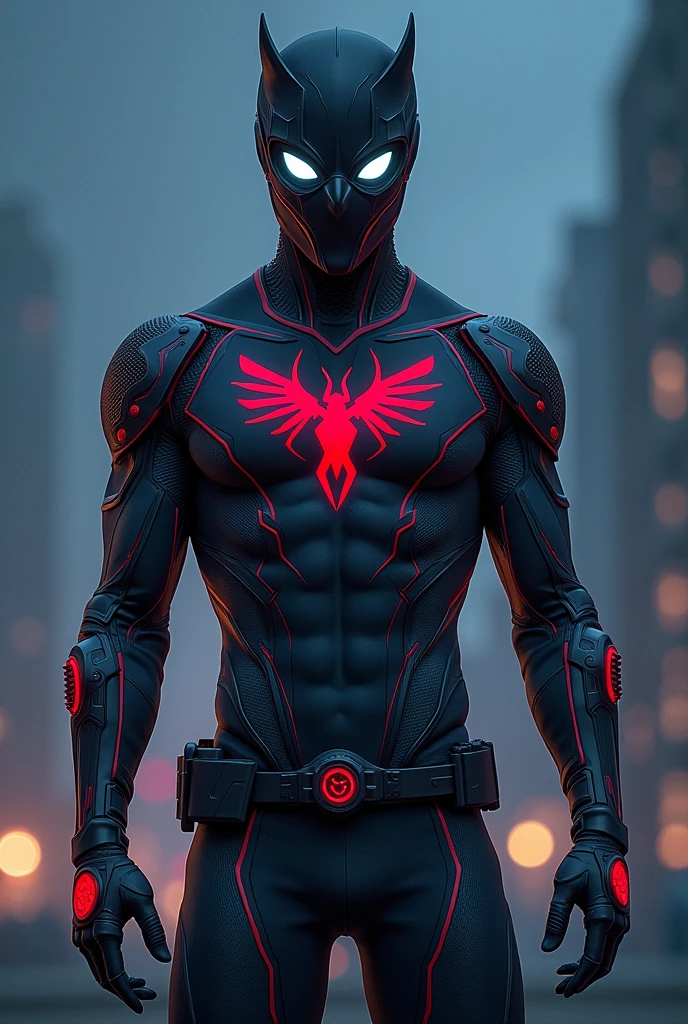 In comic book style, Nightwatcher to nastoletni superbohater o niezwykle intrygującym wyglądzie. His costume is made of flexible spandex and nanomaterials., which gives it both flexibility, as well as protection. The dominant colors in the outfit are dark gray., czerwony i granatowy, which create a strong contrast and give it a menacing look, but dynamic character. Nosi zaawansowany technologicznie hełm o aerodynamicznym kształcie. Its surface has integrated white bionic sharp owl-style eyes. There is a unique emblem on the chest, which is inspired by four animals: węgorzem, a spider, snow leopard and owl. His hands, łokcie, the shoulders and waist are decorated with round emblems. The whole costume has an eel-style pattern, snow leopard and spider. He stands in a dynamic pose on the roof of a building at night..
