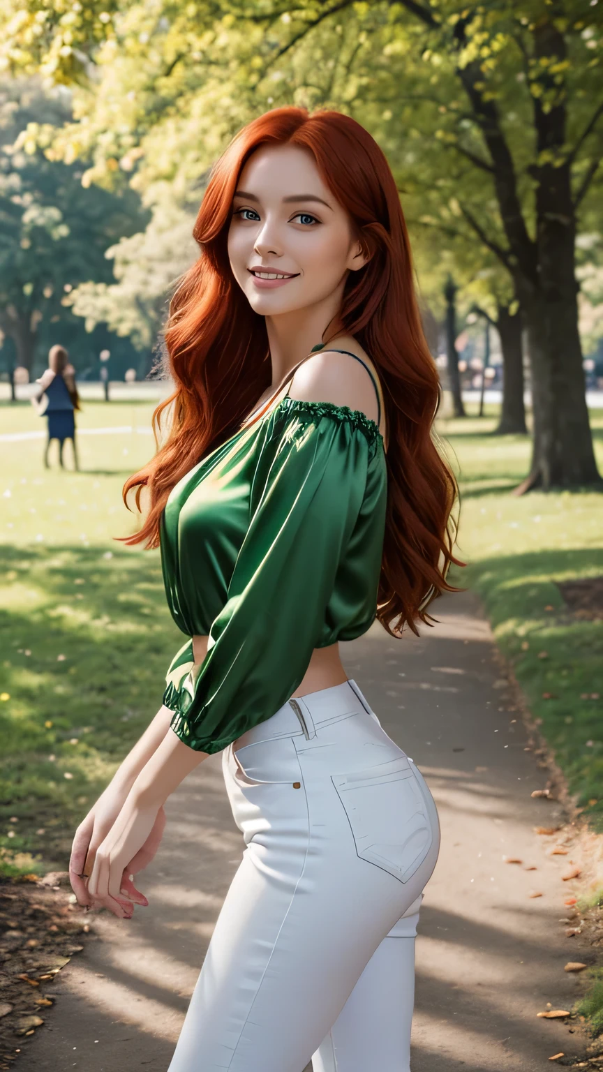 Realistic full body photo of a smiling, beautiful red-haired woman with long hair, She dances in front of the camera in a green satin spaghetti strap blouse and tight, elegant white skirt ...., fine fabrics, Park,glamour fotoshooting, Park, perfect anatomy, perfect green eyes. Perfect hands with 5 fingers on each hand, Suitable woman, looking at the camera, 1 Frau. (Eye make up:1.1), (highly detailed skin:1.1), spirit, analog style, keen focus, 8K UHD, dslr, good quality, Fujifilm XT3, Grain, Award-winning, masterpiece. Park